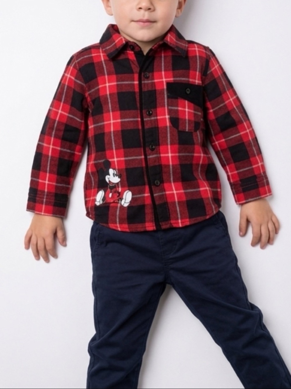 Disney Mickey Mouse Red and Black‎ Plaid Shirt W velvet bow pocket and buttons